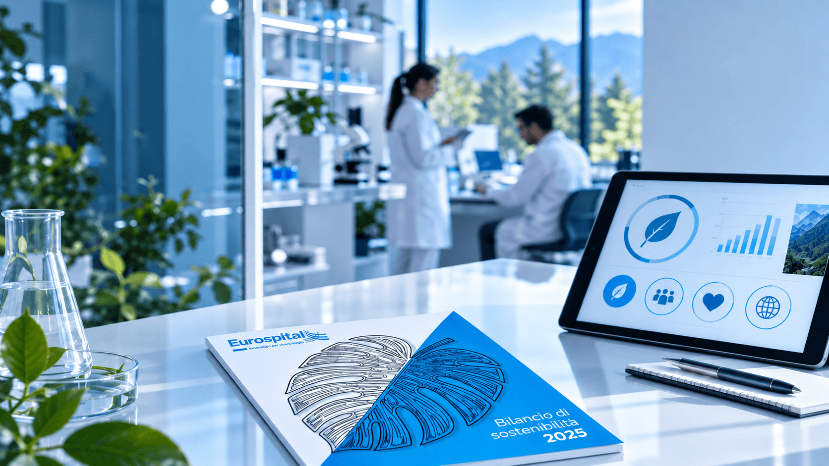 Bilancio di Sostenibilità 2025 di Eurospital in un laboratorio con elementi grafici dedicati a ambiente, persone e futuro sostenibile.